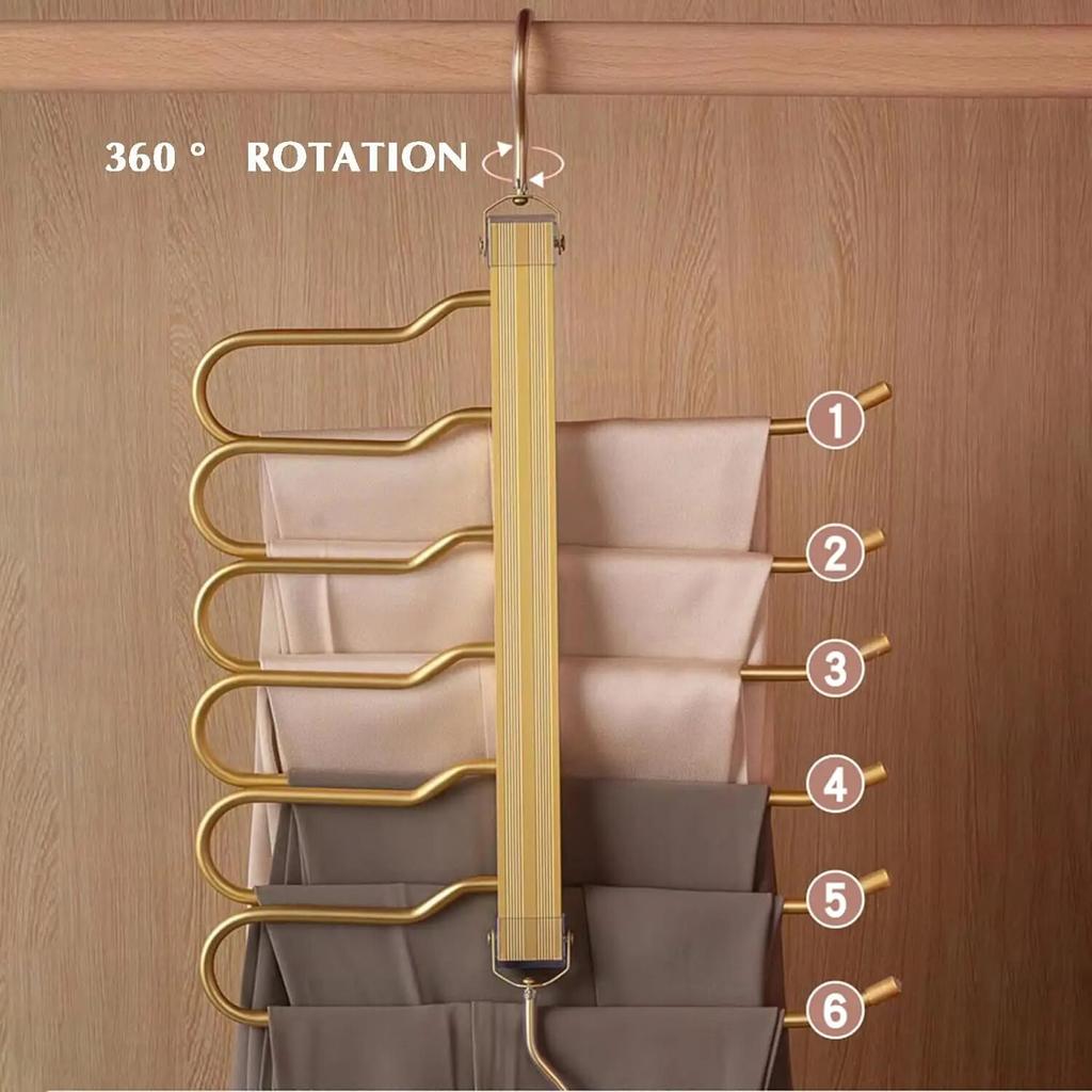 6 Tier Trouser Hangers Space Saving Foldable Holder Multi Organiser Rack Non-Slip Wardrobe Storage with Hooks for Pant Towels