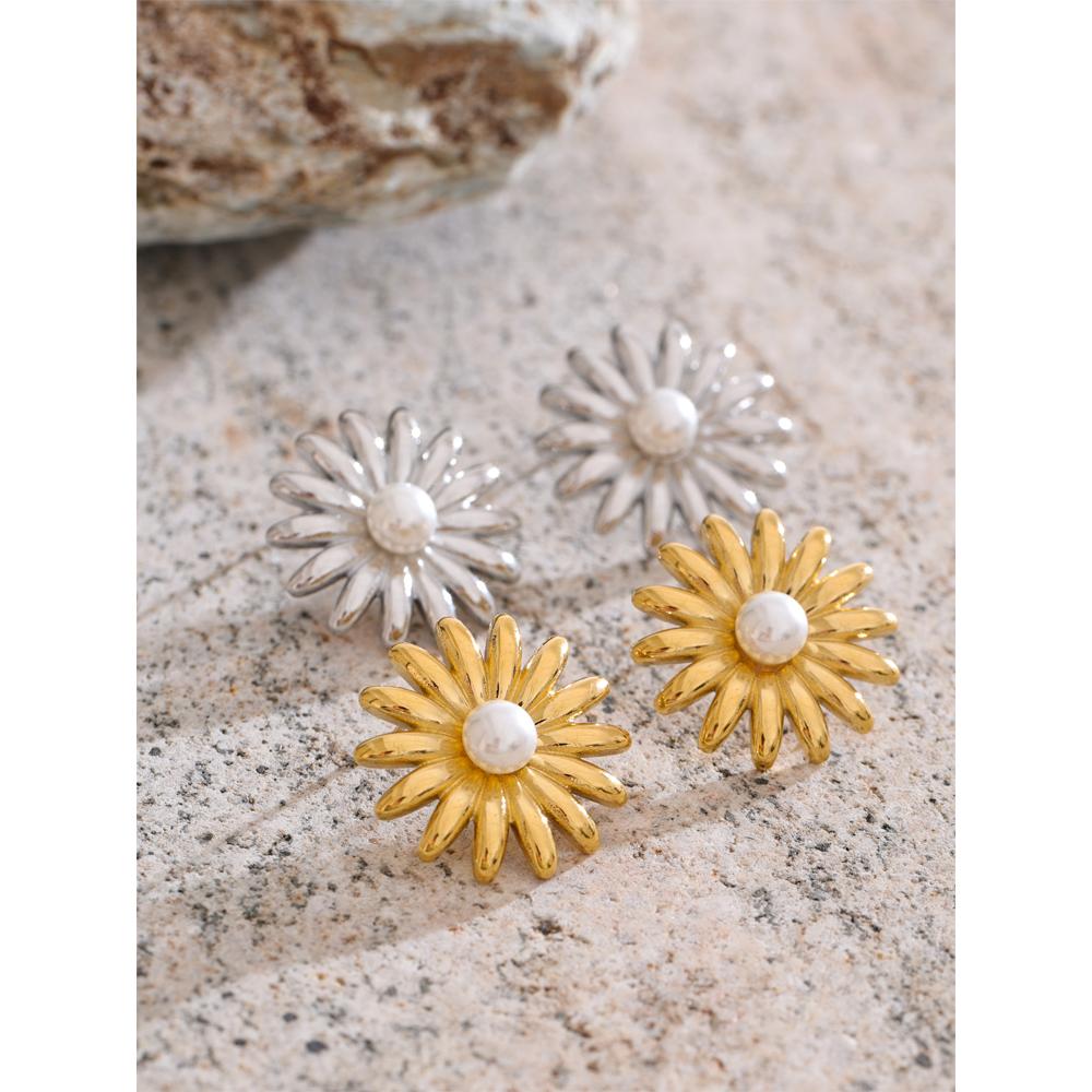 Eetit Popular Stainless Steel Pearl Flower Daily Stud Earrings Prevent Allergy Metal Summer Chic Versatile Jewelry 2025