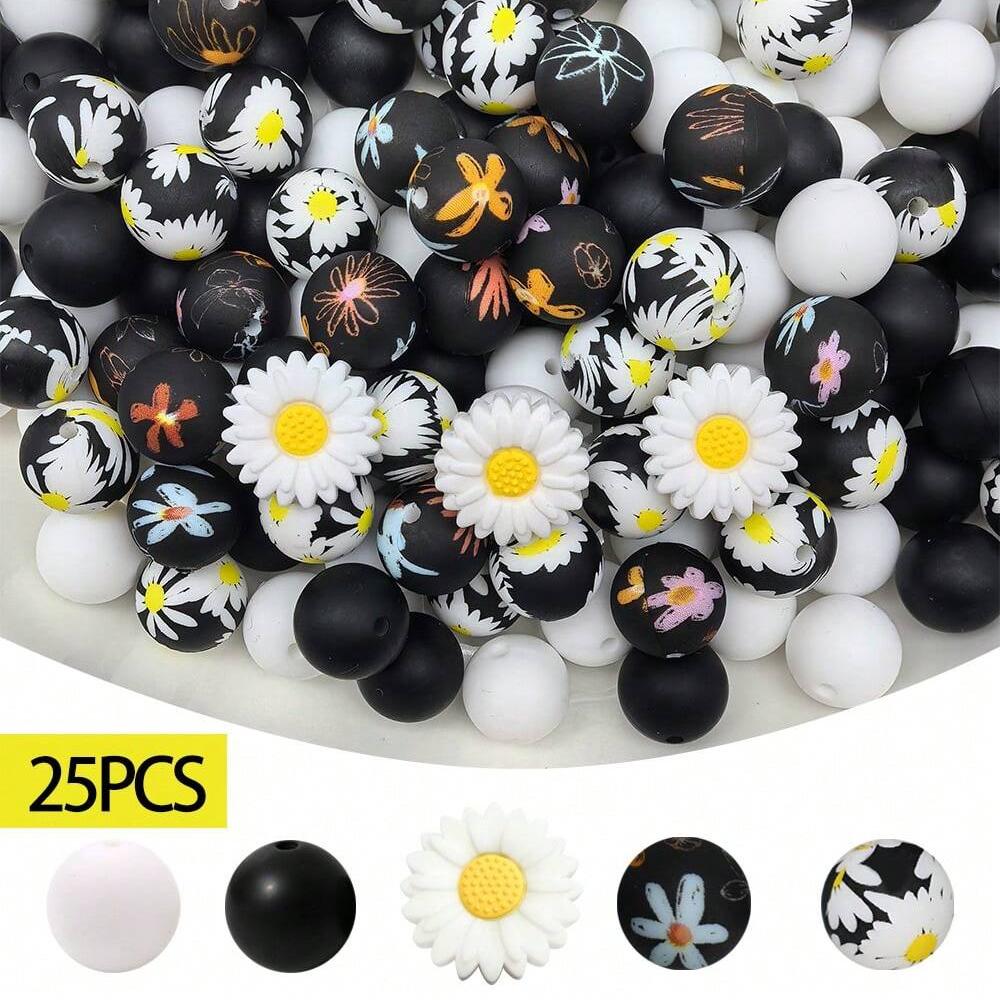 25PCS daisy and floral printed silicone bead set, punk style, suitable for DIY keychains, bracelets, bead pens