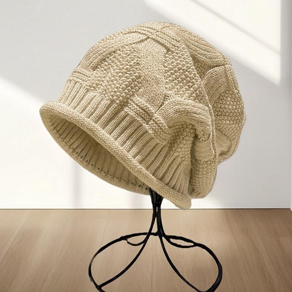 Big Head Circumference Hat, Women's, Pile Pile Pile Hat, Baotou, Confinement Hat, Single-layer, Thin, Rolled Edge, Knitted, Woolen Hat