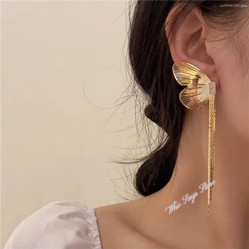 Exaggerated Rhinestone Long Tassel Earrings Trendy Metal Butterfly Wings Personalized Hanging Earrings Girl Unique Party Jewelry