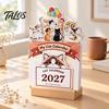 Floral And Cat Theme Calendar 2027 Flower Desk Calendar, English Tabletop with Wooden Base, Monthly Planner For & Decorative for Office Home