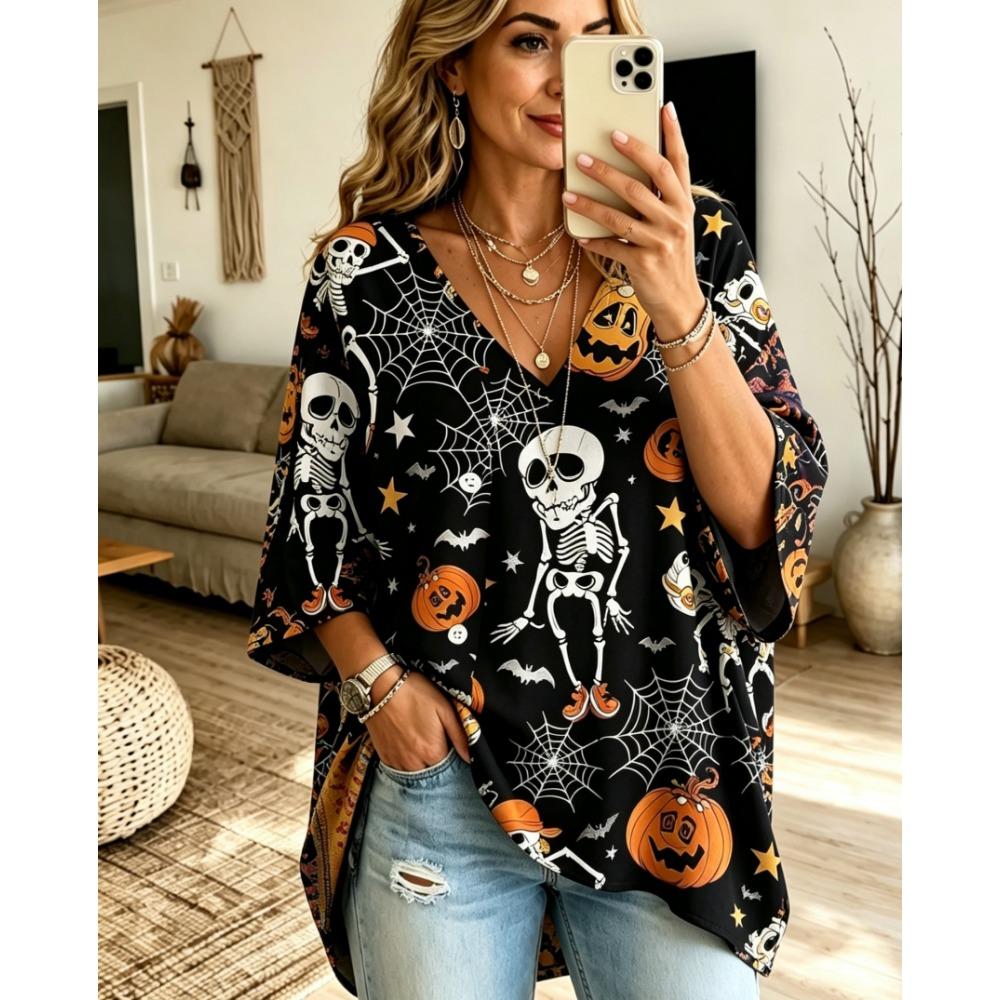 Halloween Printed T-shirt, Pumpkin Lantern Ghost T-shirt, Plus Size Women's V-neck Bat Sleeve Seven Quarter Sleeve Casual Top