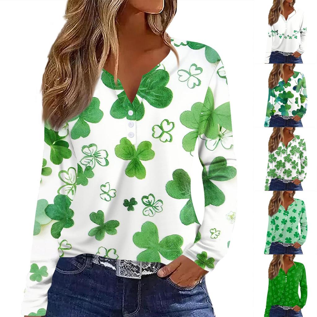 Women's Fashion Casual Printed V-neck Long Sleeve Button Up T-shirt Top