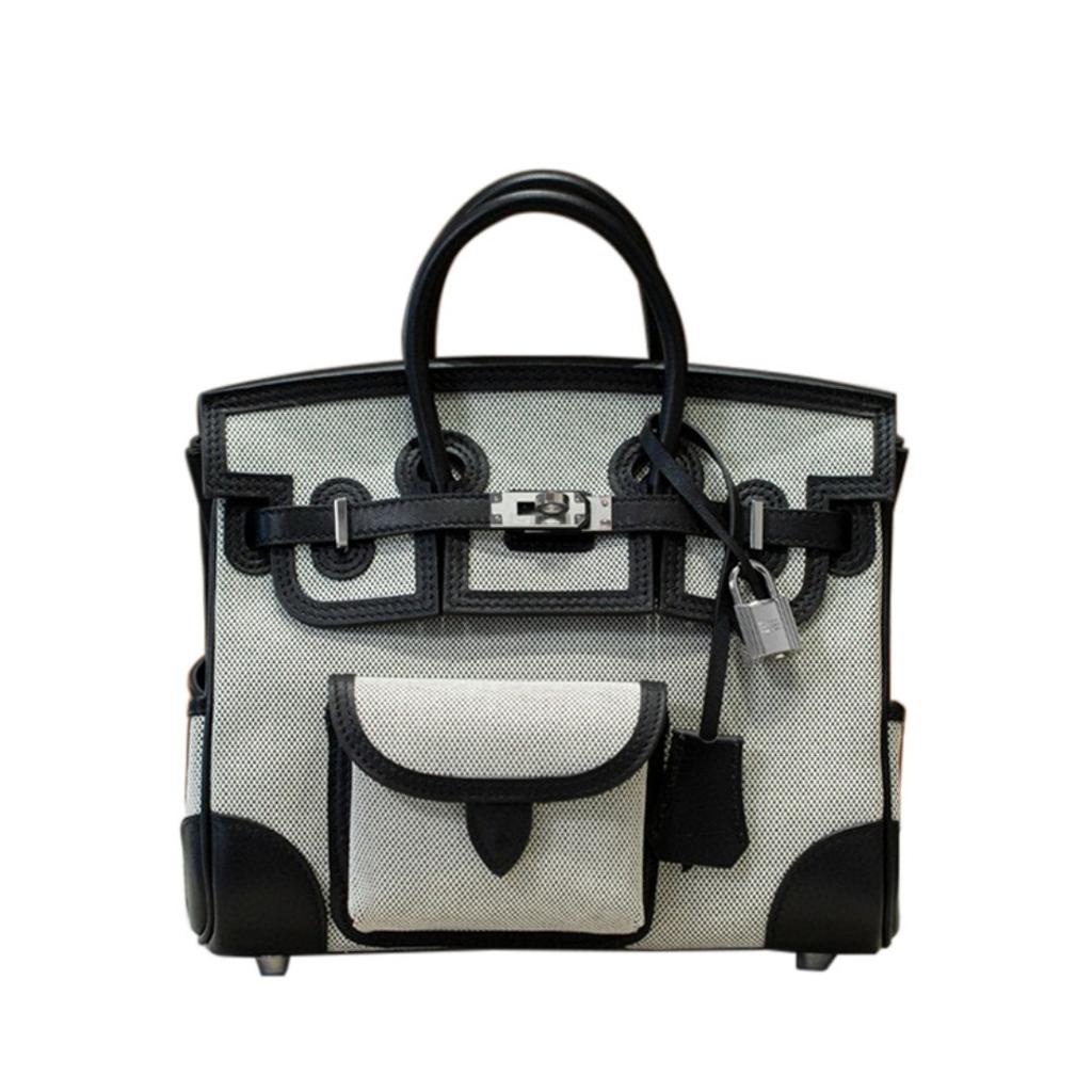 Swift Cowhide Patchwork Canvas Pocket Platinum Bag 25cm Color-blocked Handbag High-end One-shoulder Crossbody Women's Bag