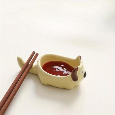 Ceramic Dog Sauce Dish Adorable Cartoon Dog Design Multi-Functional Snack Tray & Chopstick Holder Creative Seasoning Dish for Home Use