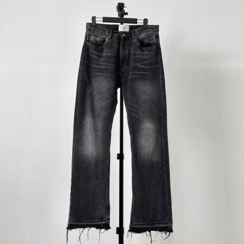 Mens Black Distressed Slim Fit Denim Jeans With Fringe Detail Vintage Washed Mid-Rise Flared Leg