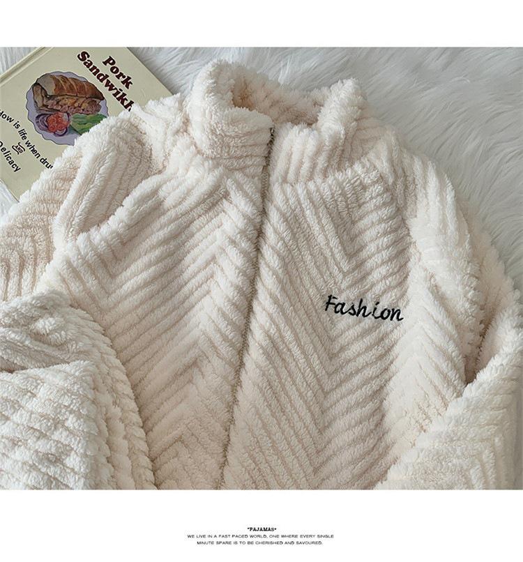 Pijamale Jacquard din Fleece Coral pentru Femei: Cardigan drăguț, călduros, cu guler înalt cu fermoar pentru toamnă și iarnă