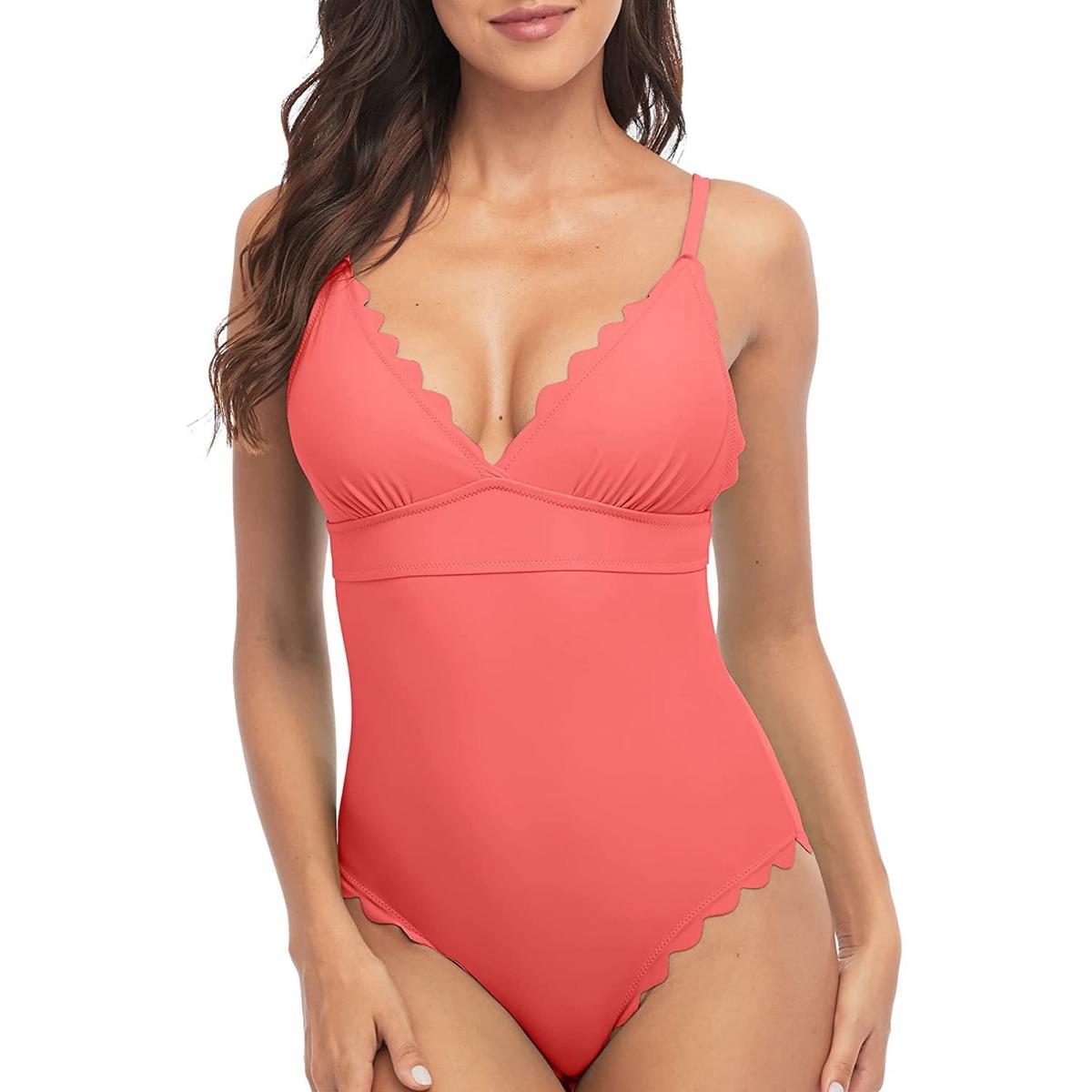 

Charmleaks Женские цельные купальники с зубчатым вырезом и открытой спиной Монокини с V-образным вырезом Купальники L коралл розовый