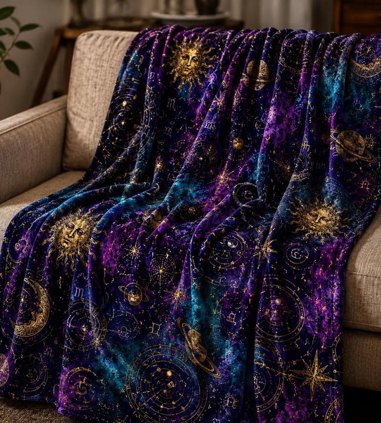 Blanket Astrology Zodiac Moon and Stars Blanket, Purple Witchcore Decor Gothic Couch Blanket Cozy Gift