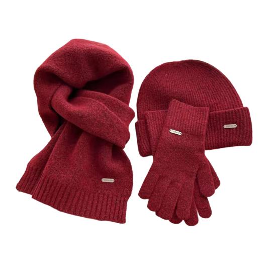 3Pcs/Set Women Hat Scarf Gloves Set Solid Color Ribbed Trim Brimless Hat Long Scarf Warm Gloves Set Winter Accessories