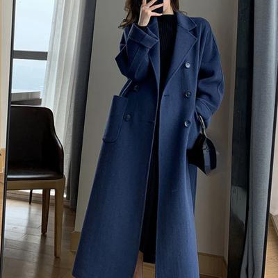 Woolen Long Coat Casual Women Double Breasted Faux Wool Jacket Fall Fashion Korean Ladies Black Clothes New Winter