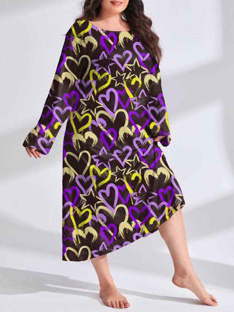 2025 European Plus Size Long Sleeve Butterfly Heart Leopard Print Nightgown