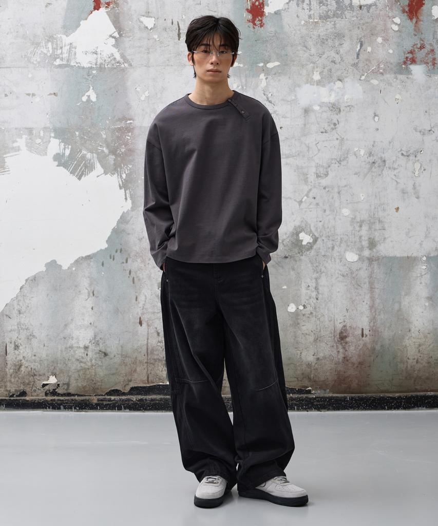 AGOD Vintage Elastic Waist Balloon Denim Pants [Black]
