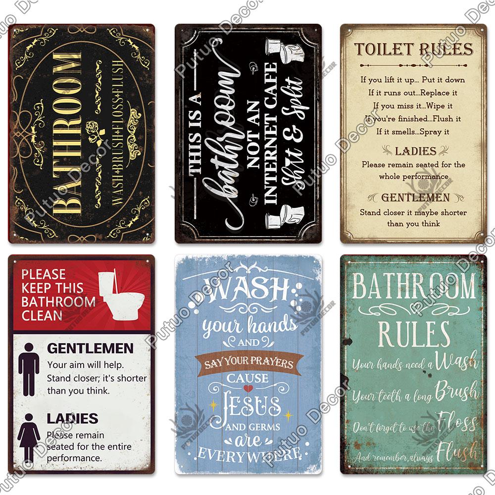 Putuo Decor Restroom Retro Tin Signs Vintage Bathroom Plaque Metal Plates Wall Art Posters Decoration for Toilet Iron Paintings