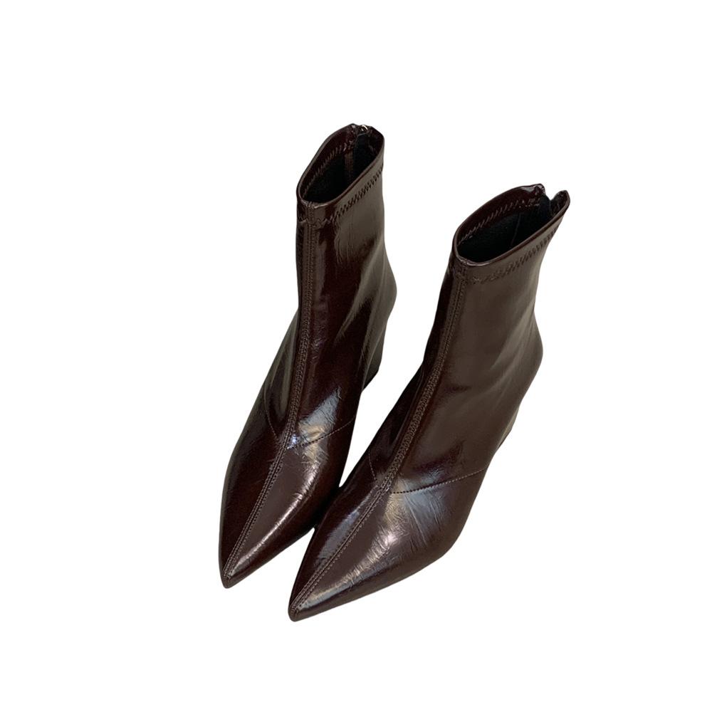 Pointed Wedge Heel Short Boots Women's Autumn and Winter Zipper Skinny Boots High Heel Martin Boots