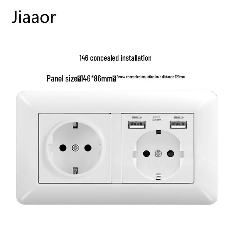 16A White German-Style Double Gang Wall Socket Panel with USB & Type C, European Standard.