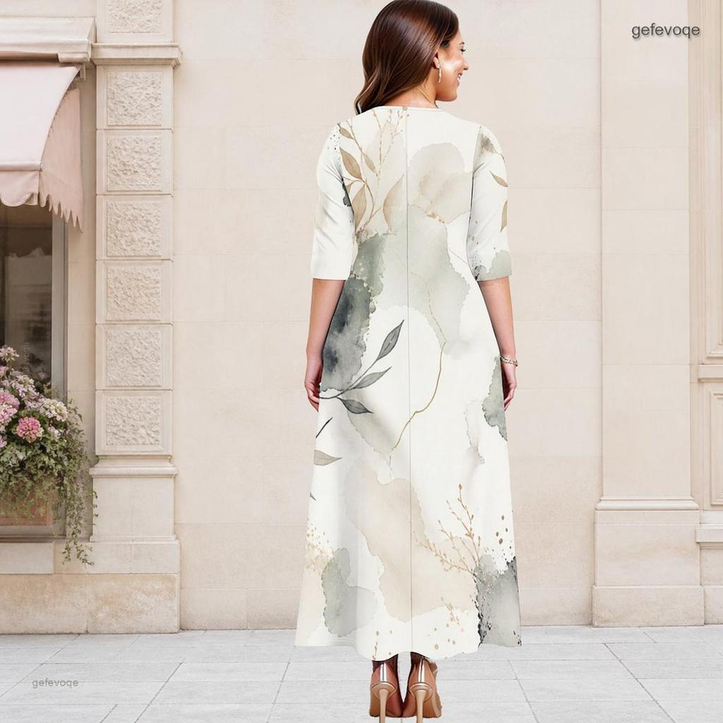 Women Plus Size Keyhole Neck 3 4 Sleeve Abstract Print Long Maxi Dress