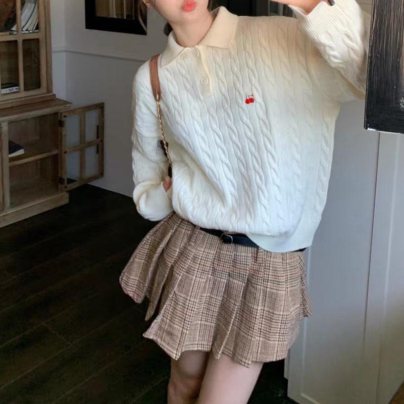 Women's Retro Heavyweight Cable Knit Polo Sweater - Soft Blue, Autumn/Winter Style
