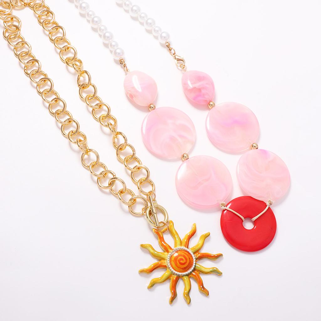 Trend niche sun pendant double layer stacking wearing contrasting color smudging geometric beaded necklace holiday travel women's