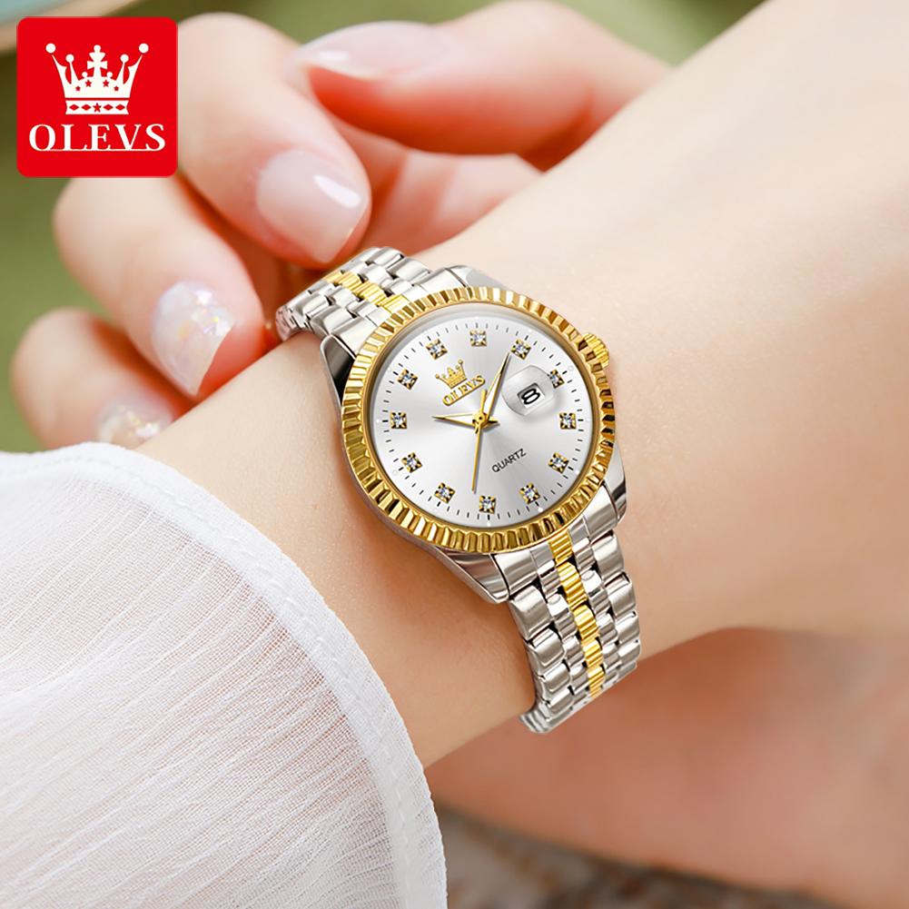 OLEVS 5526 Original Women Quartz Watch Diamond Luxury Dress Gold Wristwatch Stainless Steel Waterproof Luminous Calendar Watch