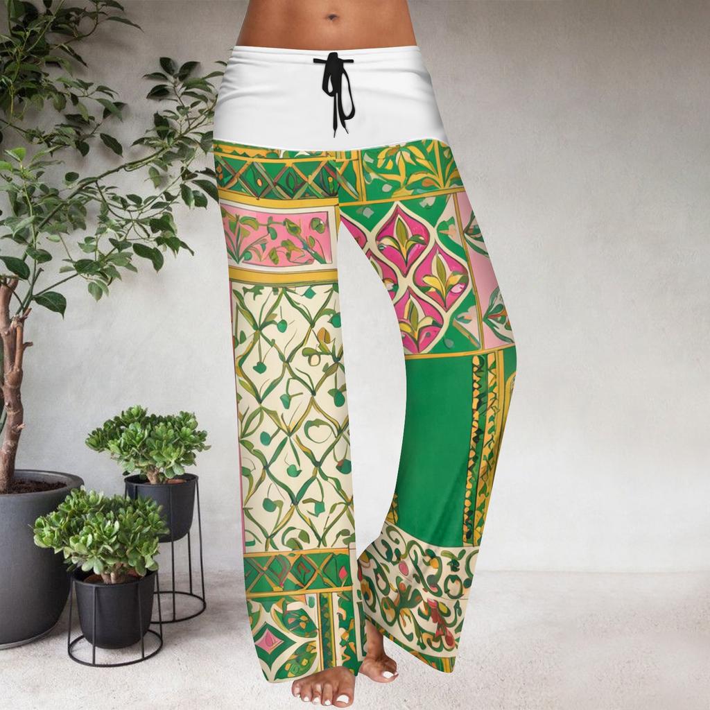 Women's Drawstring Elastic Waistband Wide Leg Color Matching Floral Printed Casual Pants