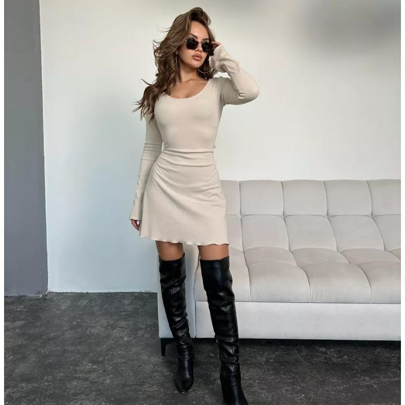 New Fashion Long Sleeve Hip-wrapped Lace-up Dress Crew Neck Slim Fit A-line Party Short Dresses Elegant Solid Color Casual Simple Sexy Clothing