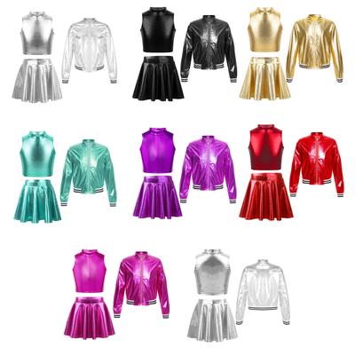 Kinder Mädchen 3-teiliges Tanzset Metallic Ärmelloses Crop-Top Rock und Stehkragen Reißverschluss Jacke