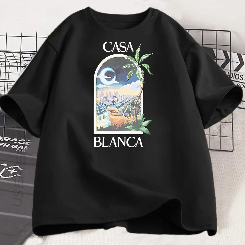 WOMen s Black Graphic T-Shirt - Loose Fit Casual Shirt with Casa Blanca Back Print - Breathable Summer Everyday & Formal Wear S