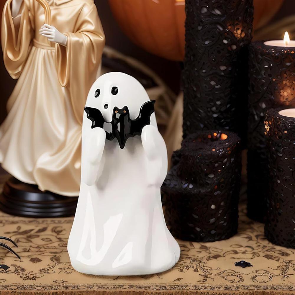 8.5cm White Cute Ghost Halloween Romantic Shelf Desk Decor Black Bat Resin Mini Statue Kawaii Heart Ghost Middle Finger  Decor