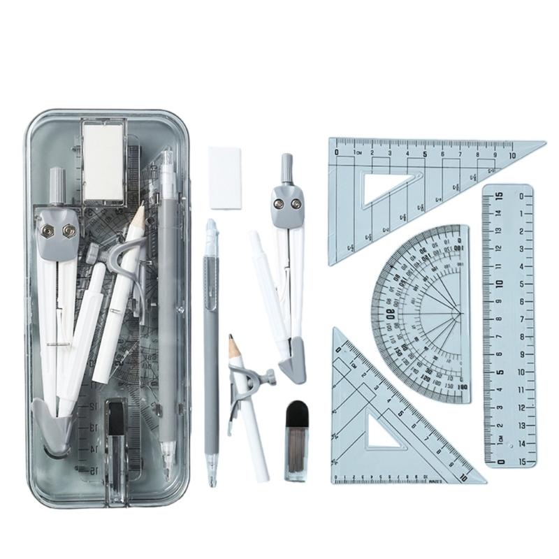 

Complete Plastic Geometry Kits With 9 Essential Tools Including Compass Rulers For Precise Technical Drawing чорний