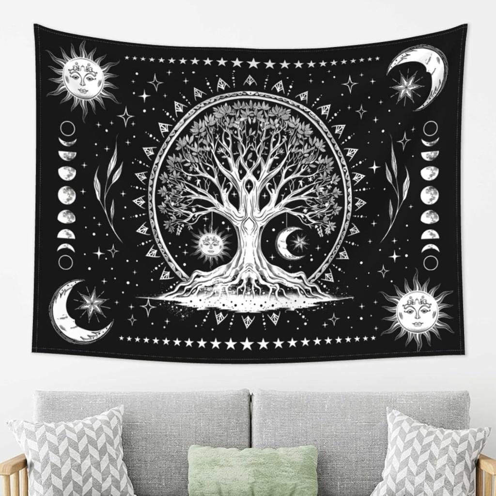Tree Of Life Tapestry Wall Hanging, Sun And Moon Aesthetic Phase Galaxy Star Black And White Tapestries Nature Aesthetic Home