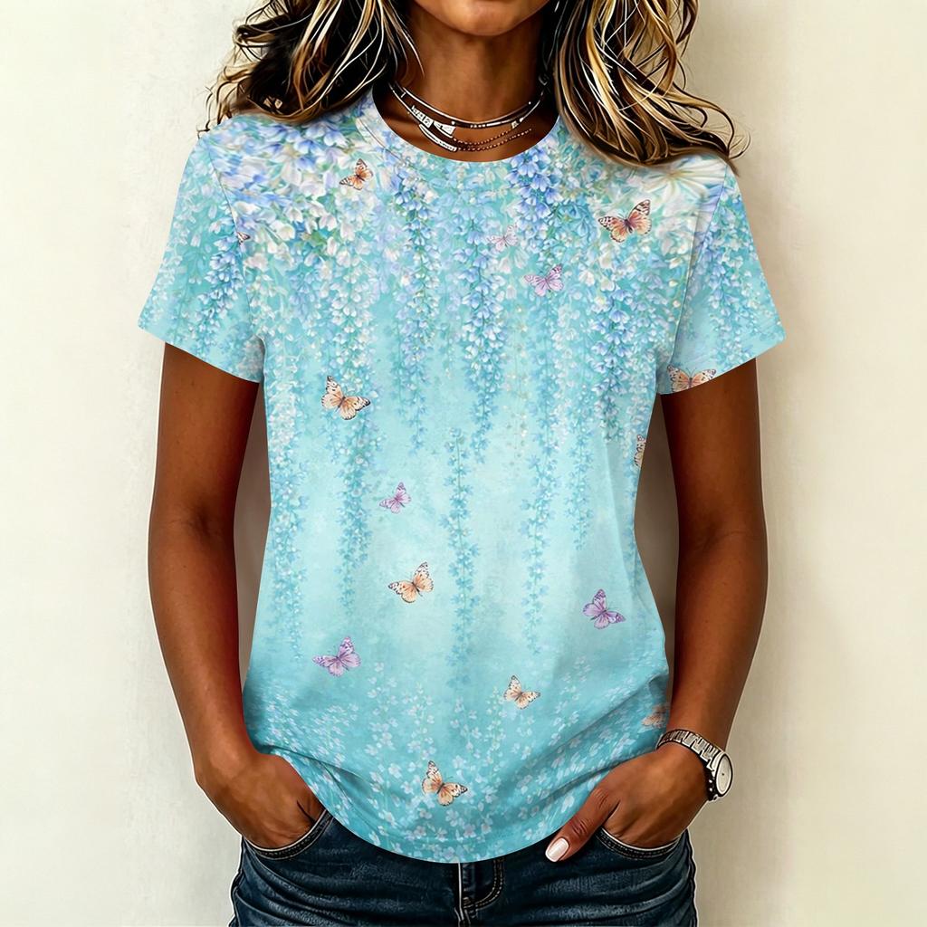 Women's Casual Pullover T Shirt Short Sleeve Round Neck Floral Print Top Lightweight Soft Fabric Relaxed Fit Tee for Everyday Wear
