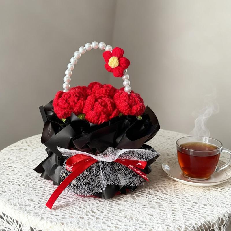 Crochet Rose Bouquet Handmade Knitted Sunflower Basketed For Graduation Mothers Day Birthday Wedding Gift Home Office Desk Decor