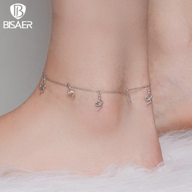 Bisaer Real 925 Sterling Silver Anklet Creative Full of Snake Style Charms Chain Foot Leg Bracelet Minimalist Jewelry Gift
