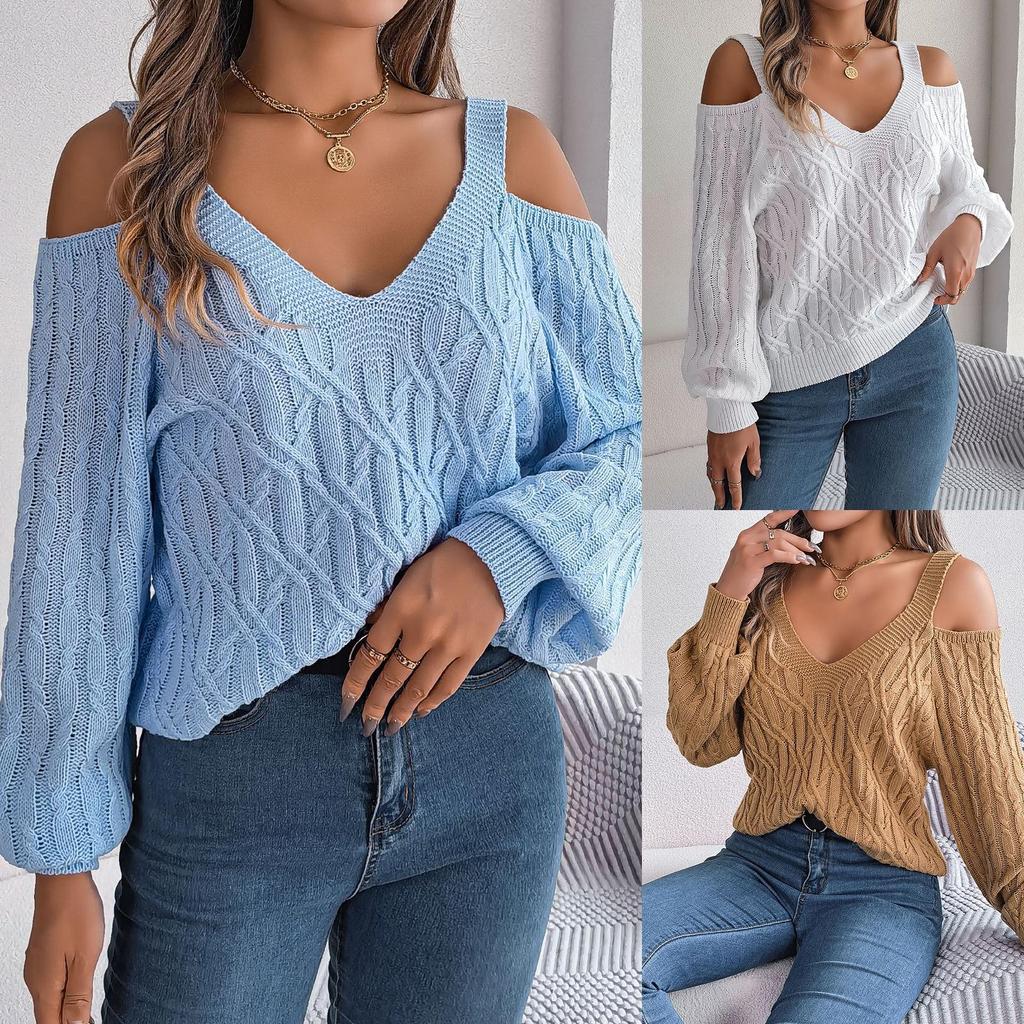 2025 Autumn/Winter Off-the-Shoulder Cable Knit Lantern Sleeve Sweater for Women