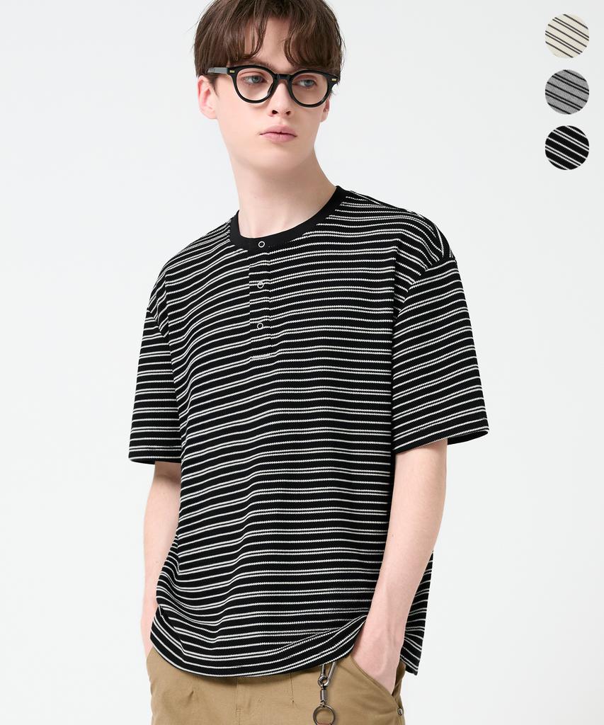 TRILLION Stripe Ring Snap Henley Neck Half Sleeve_3Color
