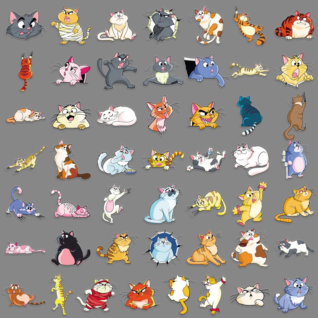 50 Fun Cat Original Cartoon Animal Waterproof Decorative Water Cup Computer Stickers