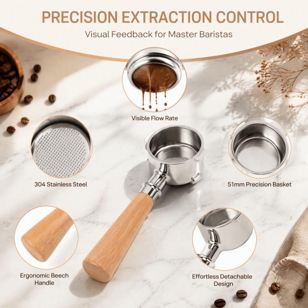 51mm Diameter Bottomless Coffee Portafilter Wood Handle Single Layer Portafilter Espresso Making