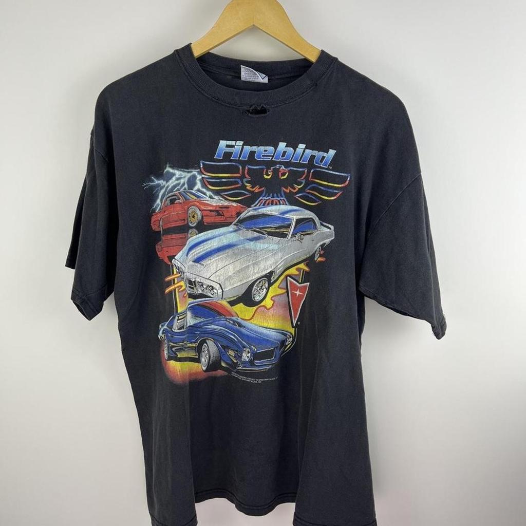 Vintage Distressed Faded Black Firebird Graphic Tee with Bold Car Design Size XL Unisex T-Shirt