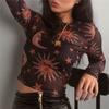 Sun Moon Printed Transparent Mesh Sexy T-Shirt Women O-Neck Long Sleeve Slim Basic Casual Female Tops 2026 Spring New