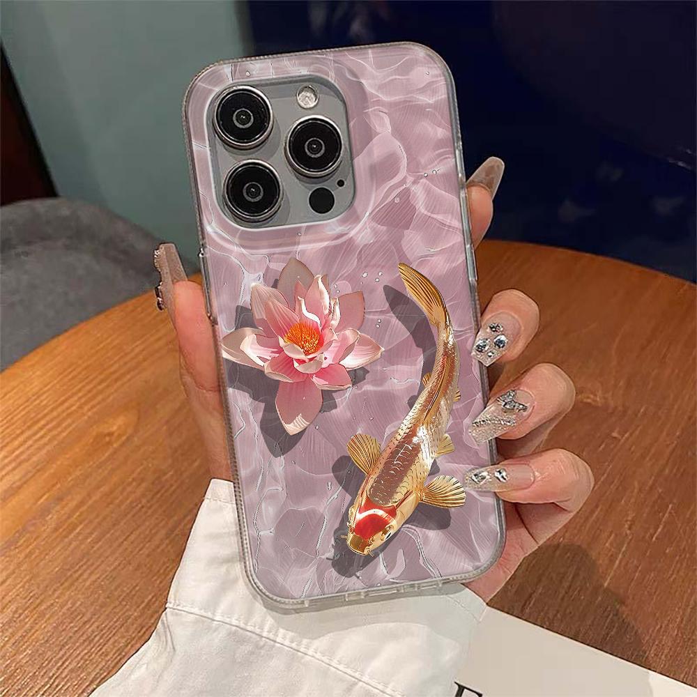 Golden Carp Lotus Flower Phone Case For iPhone 11 12 13 14 15 16 Pro Max XS XR X 7 8 Plus Silicone Soft Cover