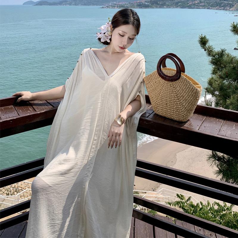 

White Texture Pleated Collar Dress Women s Summer French Lazy Vacation Casual Loose and Thin Long Dress S