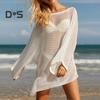 Women Cover Up Dress Batwing Long Sleeve See-through Hollow Mesh Bikini Cover Up Quick-Drying Breathable Beachwear