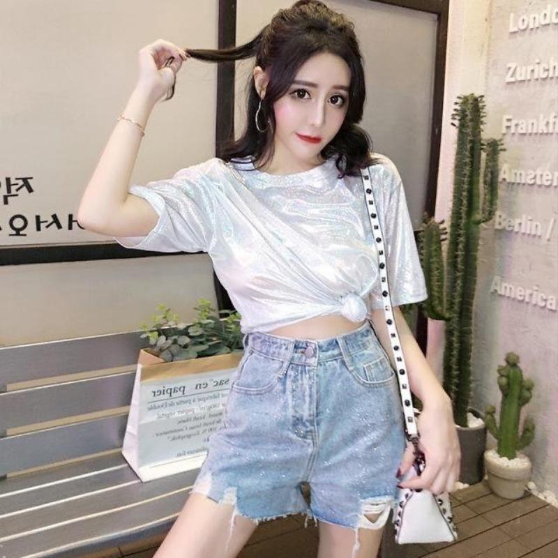 Loose Sparkly Stylish Bright Summer Women Korea Lady Shining T-shirts Basic Tees Streetwear Tops