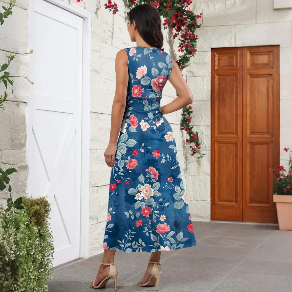 Women's Summer Fashion Retro Print V-Neck Sleeveless Long Dress