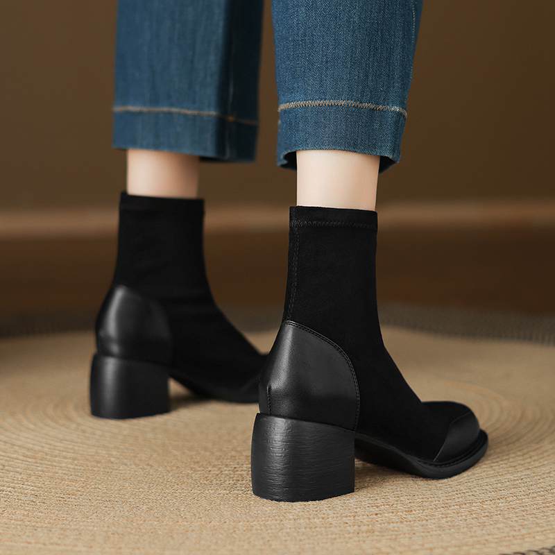Krazing Po Microfiber Winter Round Toe Size 33 Chelsea Boots Size 43 Zipper Thick High Heels Patch Work Ankle Boots