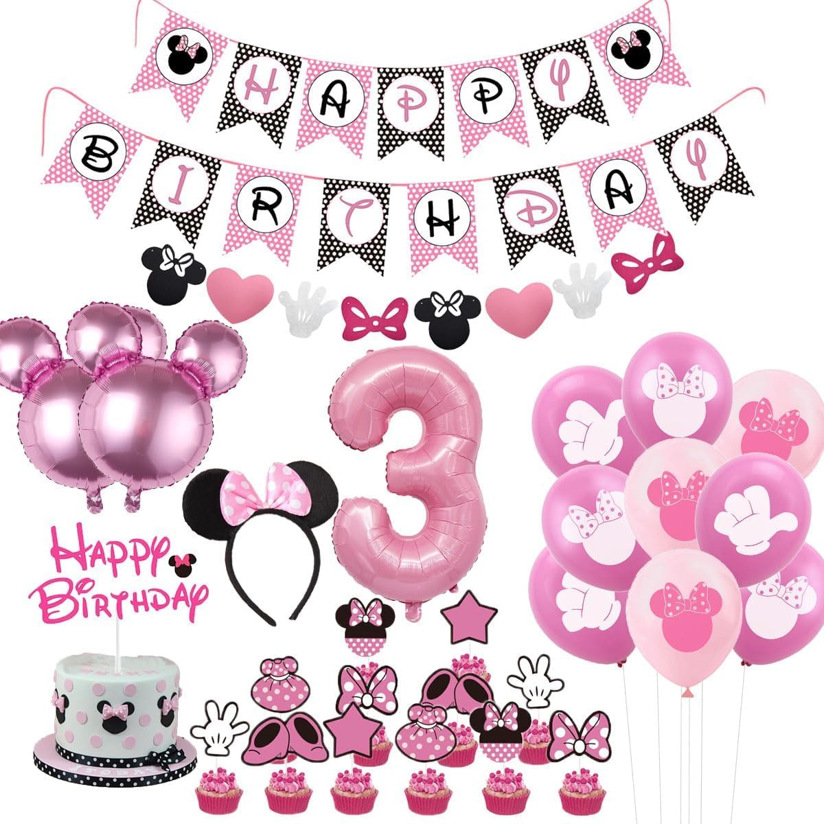 Minnie 3rd Birthday Party Supplies Minnie 3 Year Old Girls Birthday Party Decorations Minnie 3rd Birthday Cake Cupcake Toppers Number 3 Foil Balloon