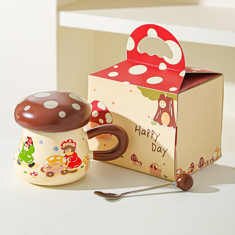 Hrnček Houbičková dívka Vysoce hodnotný suvenýrový dárek Roztomilý kreslený keramický hrnek s víčkem Velkokapacitní hrnek na pití