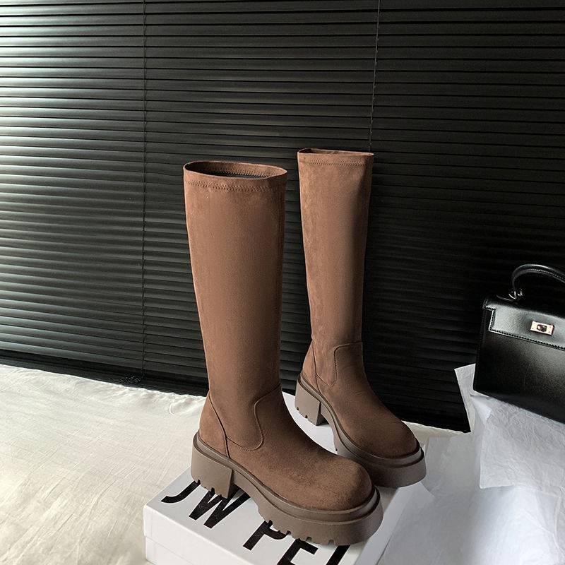 Autumn and winter leather knight boots women's sleeve cowhide large size women's boots solid color non-slip cowhide high heel thick-soled high boots